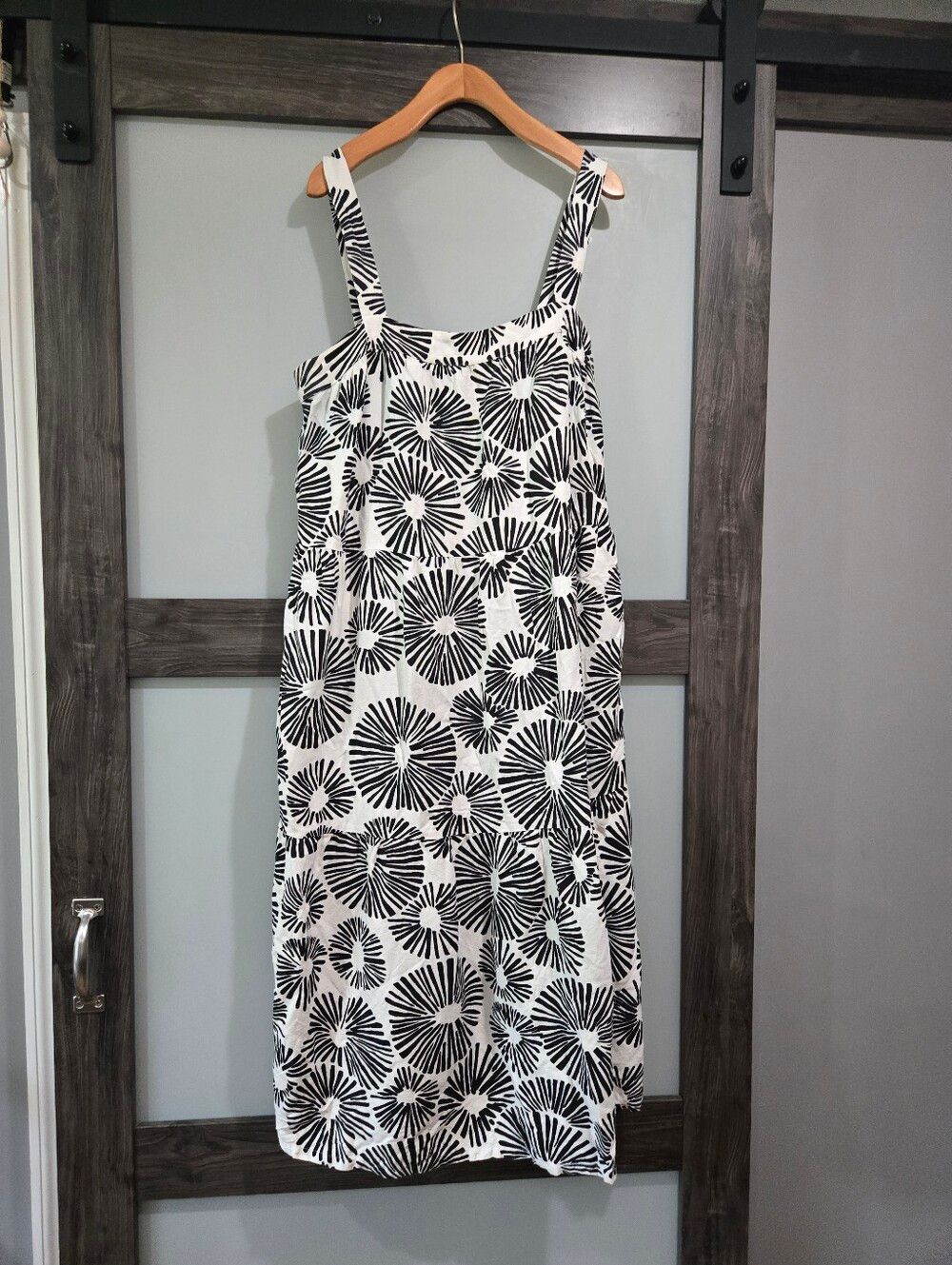 LOFT Linen Blend Black White Firework Burst Tiered Midi Dress XL